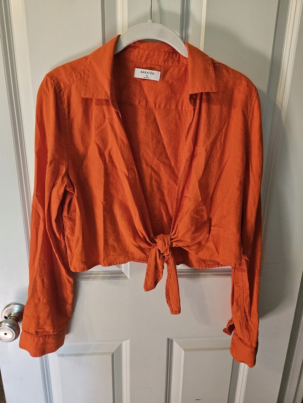 Babaton For Aritzia Orange Tie-Knot Crop Button-Down Shirt